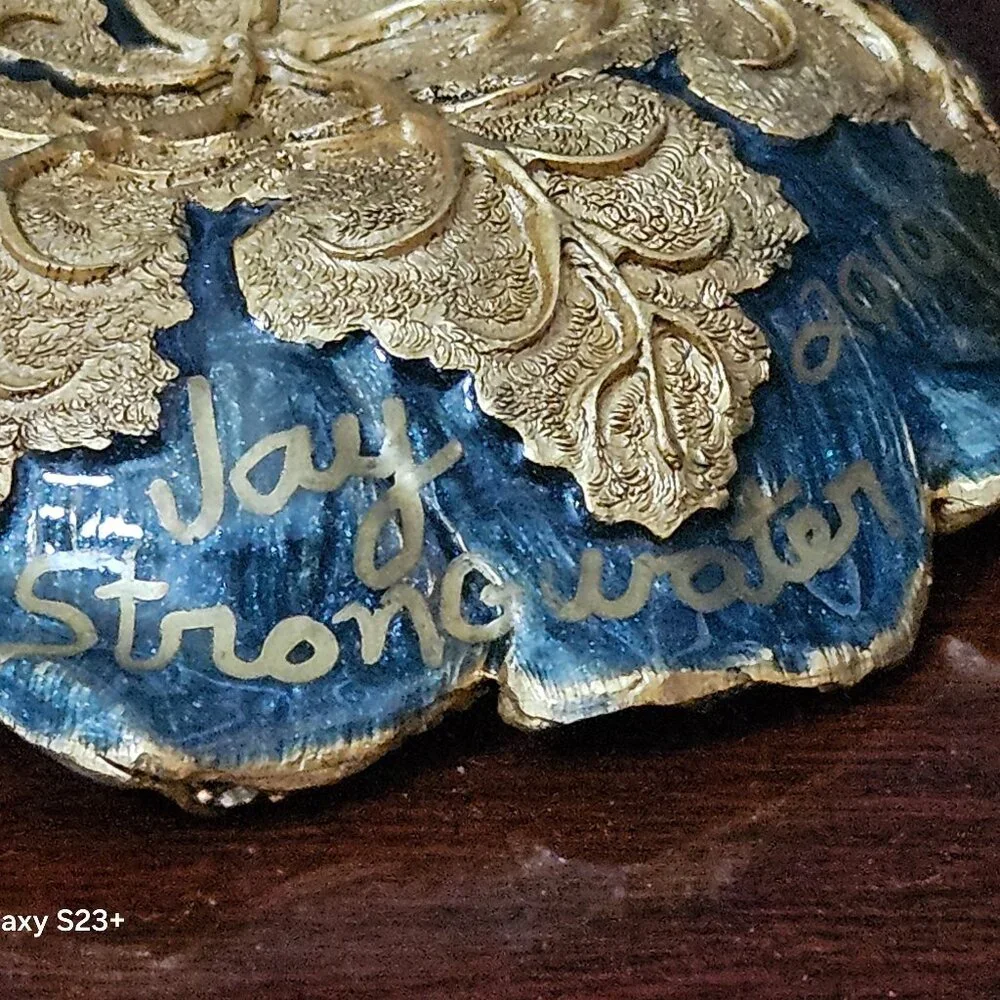 HANDSIGNED RARE JAY STRONGWATER BLUE FLOWER ENAMEL CRYSTAL JEWELRY TRAY DISH